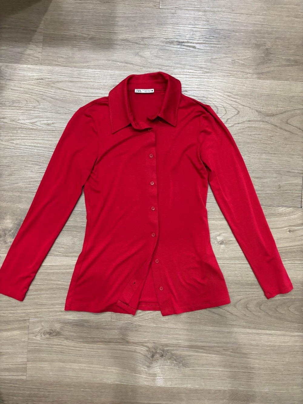 Zara Bright Red Long-Sleeve Button Down Shirt Womens Size Small